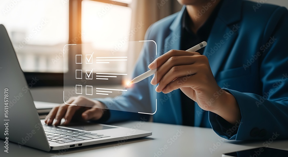 Obraz premium Businessperson Using Stylus on Digital Checklist