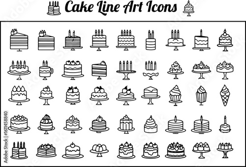 Cake Icons Set Unique Black & White Line Art Vector Illustrations