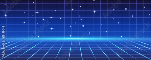 Wireframe net background. Abstract digital banner with glowing cyber grid. Futuristic perspective of cyberspace and metaverse. Game design. Neon 3D vector illustration in retro futurism style