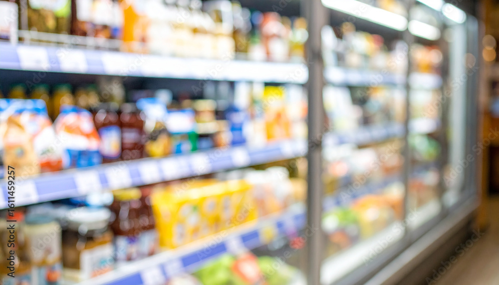 Obraz premium Blurred background of supermarket fridge with food products on shelves. Glass showcase.