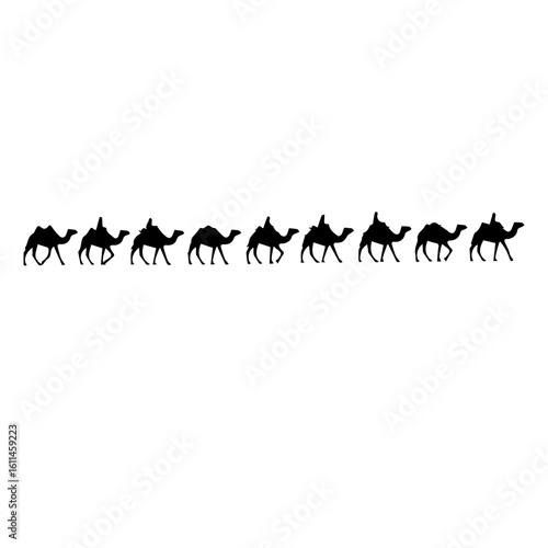 A caravan of ten camels walks in a single file line.