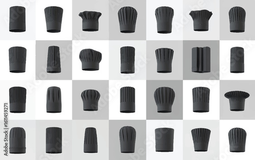 A diverse set of black chef hat icons for professional culinary branding and graphic design.