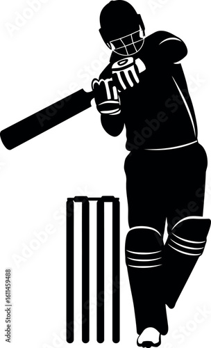 Cricket player silhouette batting action with wicket
