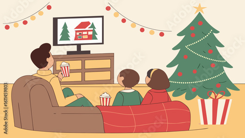Family watching Christmas movie with snacks