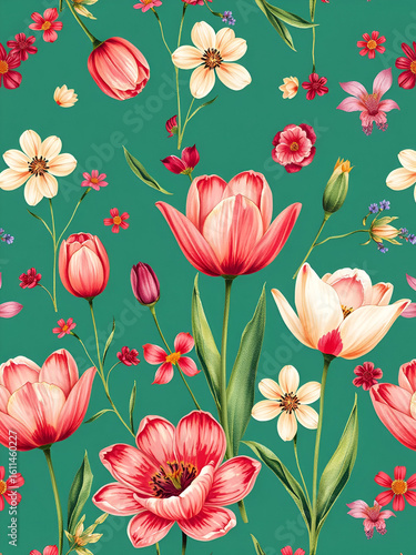 Wallpaper Mural Elegant floral seamless pattern in hand-painted style. Background with bright colorful flowers, tulips. Modern spring wallpapers. Botanical illustration. All-over design for home decor, print, textile Torontodigital.ca