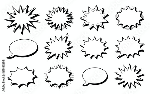Collection of bold black comic-style explosions and starburst speech bubbles