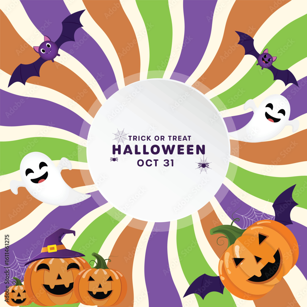 Fototapeta premium Halloween party invitation banner with a spooky landscape background. Vector graphic featuring a haunted house, graveyard, pumpkins, and bats for the October 31st celebration.