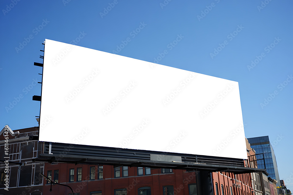 Obraz premium Blank Billboard Mockup Framed by Historic Brick and Modern Office Towers