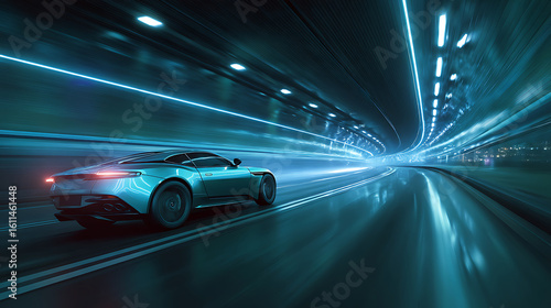 Sleek teal sports car driving inside an illuminated futuristic tunnel