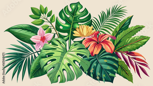 Realistic tropical botanical foliage plants. Set of tropical leaves and flowers: green palm neanta, monstera, hibiscus. Hand painted watercolor illustration isolated on ..