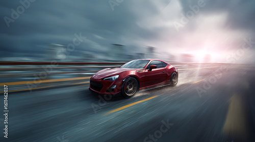 Dynamic red sports car accelerating with a motion blur effect at dusk