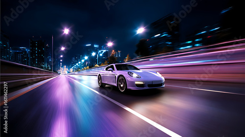 Sleek motion: Luxurious vehicle gliding seamlessly into the vibrant city night