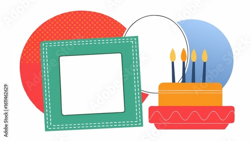 Colorful birthday cake with decorative plates and an empty frame for customization.