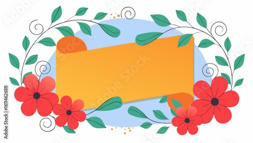 Bright floral frame with empty banner for text.