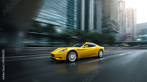 Vibrant yellow sports car speeding through a modern urban landscape