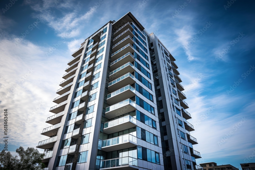 Fototapeta premium Modern high rise residential building with balconies reaching into the sky, symbolizing urban living and development