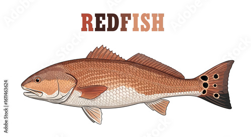 Redfish Vector with Fish Illustration, and White Background.