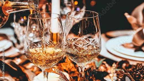 Wallpaper Mural Elegant wine glasses with golden liquid captured in a sophisticated dining scene. Torontodigital.ca