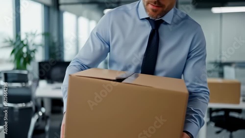 Man carrying a cardboard box in an office