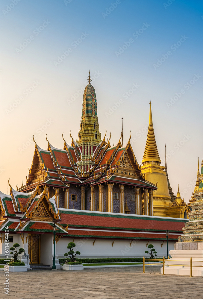 Fototapeta premium Wat Phra Kaew and Golden Pagodas at Grand Palace in Bangkok, Thailand