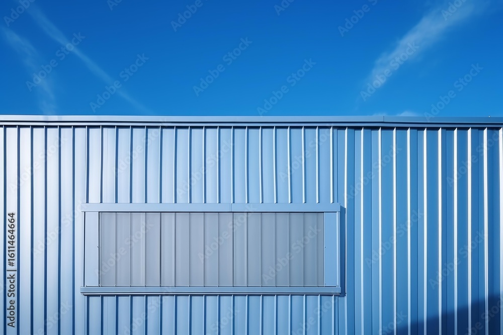 Fototapeta premium Blue corrugated metal wall with a rectangular window under clear sky