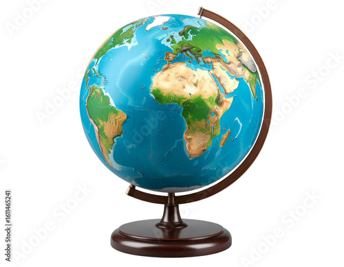 Classic Blue and Green Earth Globe on Stand, isolated on a transparent background.
