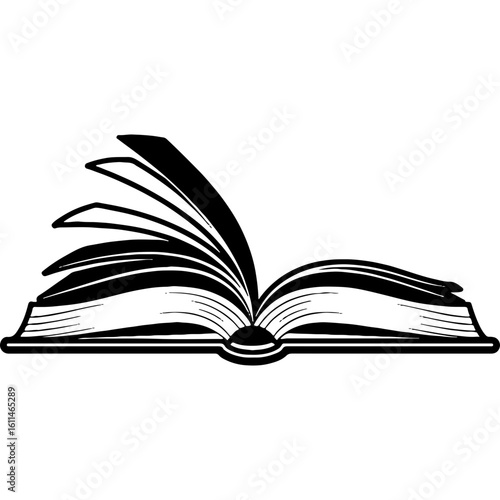 Open book icon with fanning pages. Vector graphic illustration for education, learning, knowledge, storytelling, and literature concepts.