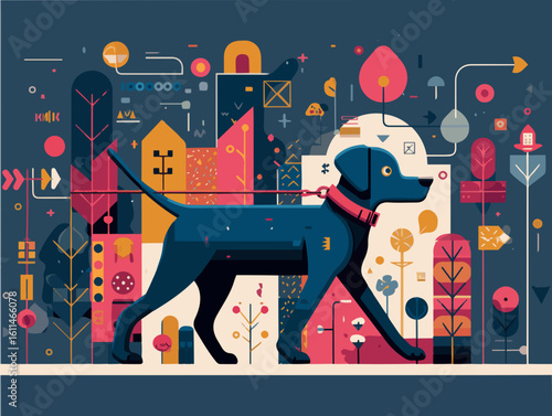 Blue Dog Walking on Leash in Abstract City Environment