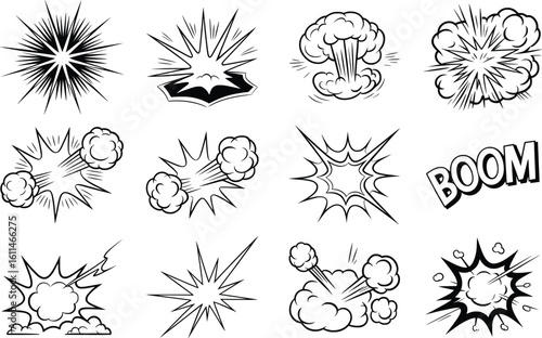 Black and White Cartoon Explosion Silhouette Vector Illustrations, Comic Style Blast Icons.