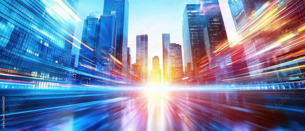 A futuristic cityscape with glowing skyscrapers and dynamic light trails conveying speed and modern urban energy at sunrise or sunset. A futuristic cityscape with glowing skyscrapers and dynamic light trails conveying speed and modern urban energy at sunrise or sunset.