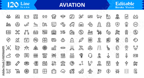 Aviation line icon set featuring modern, minimal, and professionally crafted designs for digital use, ideal for creating stylish and clear aviation visuals.