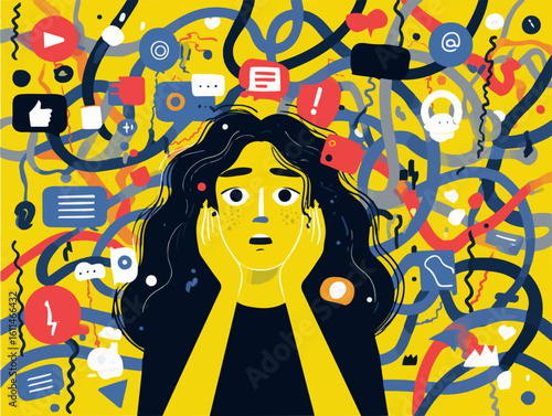 Overwhelmed Woman with Digital Information Overload and Social Media Stress