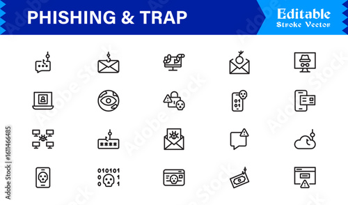 Phishing Security Cybercrime: Professional Line Icon Set with Modern Minimal Trap, Scam, and Hacker Symbols