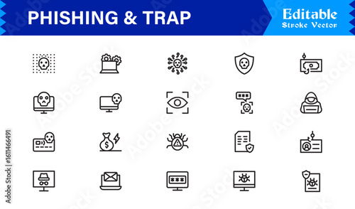 Phishing Security Cybercrime: Professional Line Icon Set with Modern Minimal Trap, Scam, and Hacker Symbols
