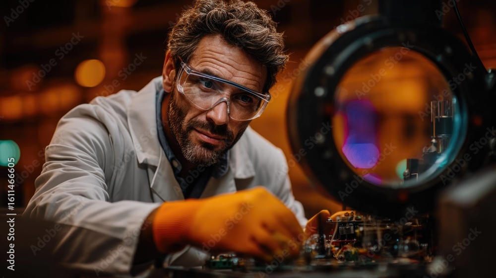 Obraz premium Skilled technician working on machinery in an industrial laboratory with advanced equipment and bright lighting