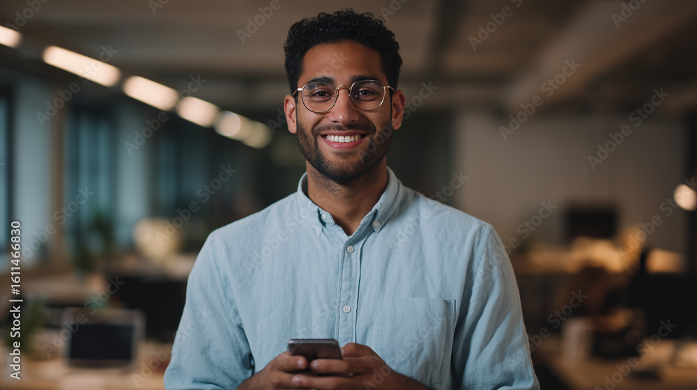 Fototapeta premium Smiling young man in glasses using smartphone in modern office environment