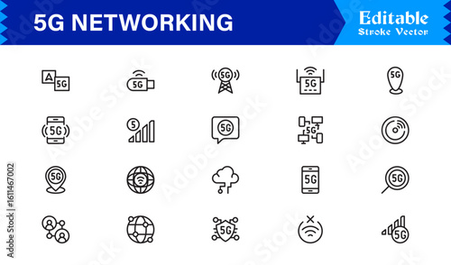 5G Network Technology: Professional Line Icon Set for Modern Connectivity and Wireless Communication