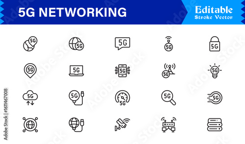5G Network Technology: Professional Line Icon Set for Modern Connectivity and Wireless Communication