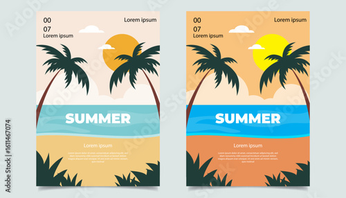 A minimal and colorful summer flyer design featuring palm trees, hammock, sea, clouds, and sun in a tropical beach setting. Perfect for summer event promotions, advertisements, and seasonal marketing 