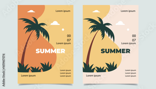A minimal and colorful summer flyer design featuring palm trees, hammock, sea, clouds, and sun in a tropical beach setting. Perfect for summer event promotions, advertisements, and seasonal marketing 