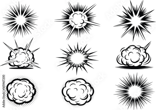 Black and White Cartoon Explosion Silhouette Vector Illustrations, Comic Style Blast Icons.