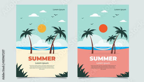 A minimal and colorful summer flyer design featuring palm trees, hammock, sea, clouds, and sun in a tropical beach setting. Perfect for summer event promotions, advertisements, and seasonal marketing 