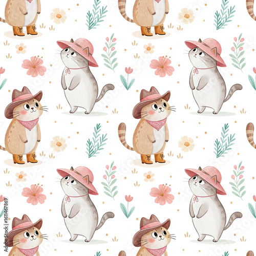 seamless watercolor pattern cat on white background