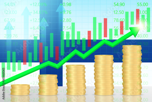 Finland Economy. Flag of Finland with Rising Financial Graph. Economic Growth and Development Concept. Vector Illustration.  