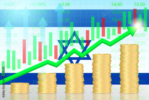Israel Economy. Flag of Israel with Rising Financial Graph. Economic Growth and Development Concept. Vector Illustration.  