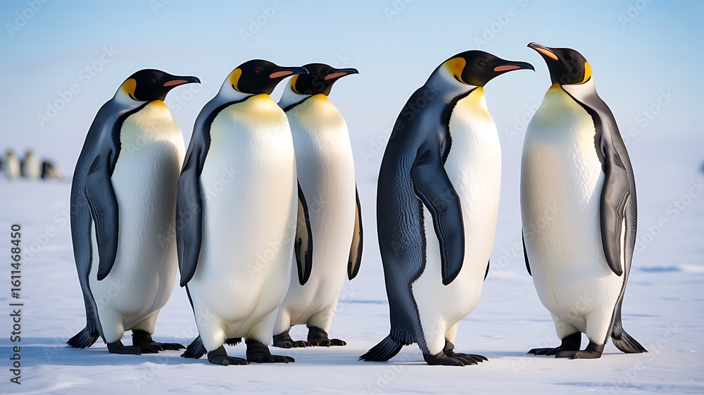 Fototapeta premium A group of king penguins standing together on a snowy landscape