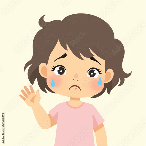 Little Girl Cries Sadly and Wipes Her Tears with Her Hand