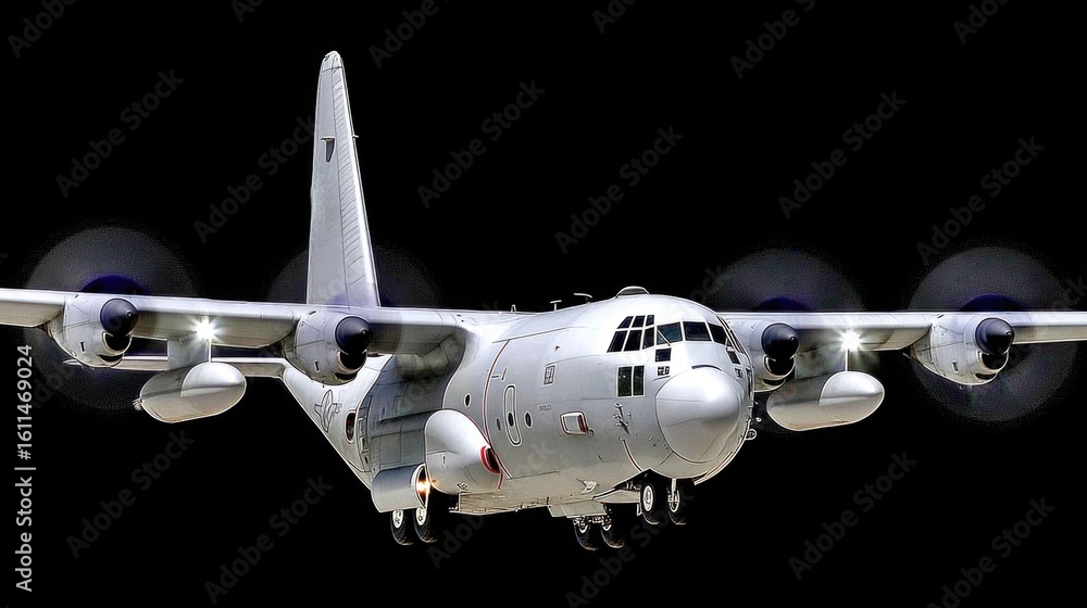 Fototapeta premium Military transport aircraft flying at night with powerful lights illuminating its sleek body