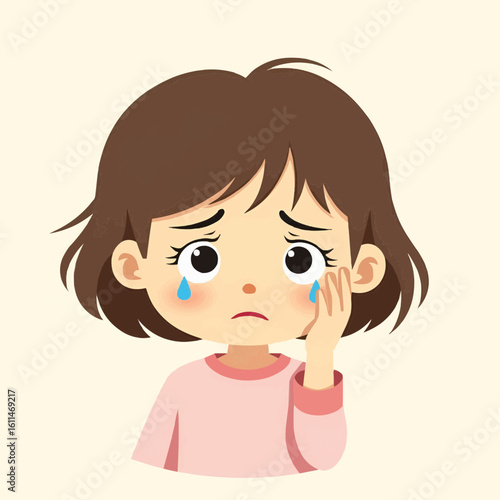 Little Girl Cries Sadly and Wipes Her Tears with Her Hand
