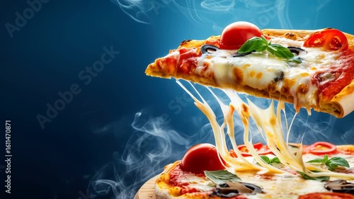 A slice of pizza with red sauce, melted cheese, and fresh basil is being lifted by a spatula.